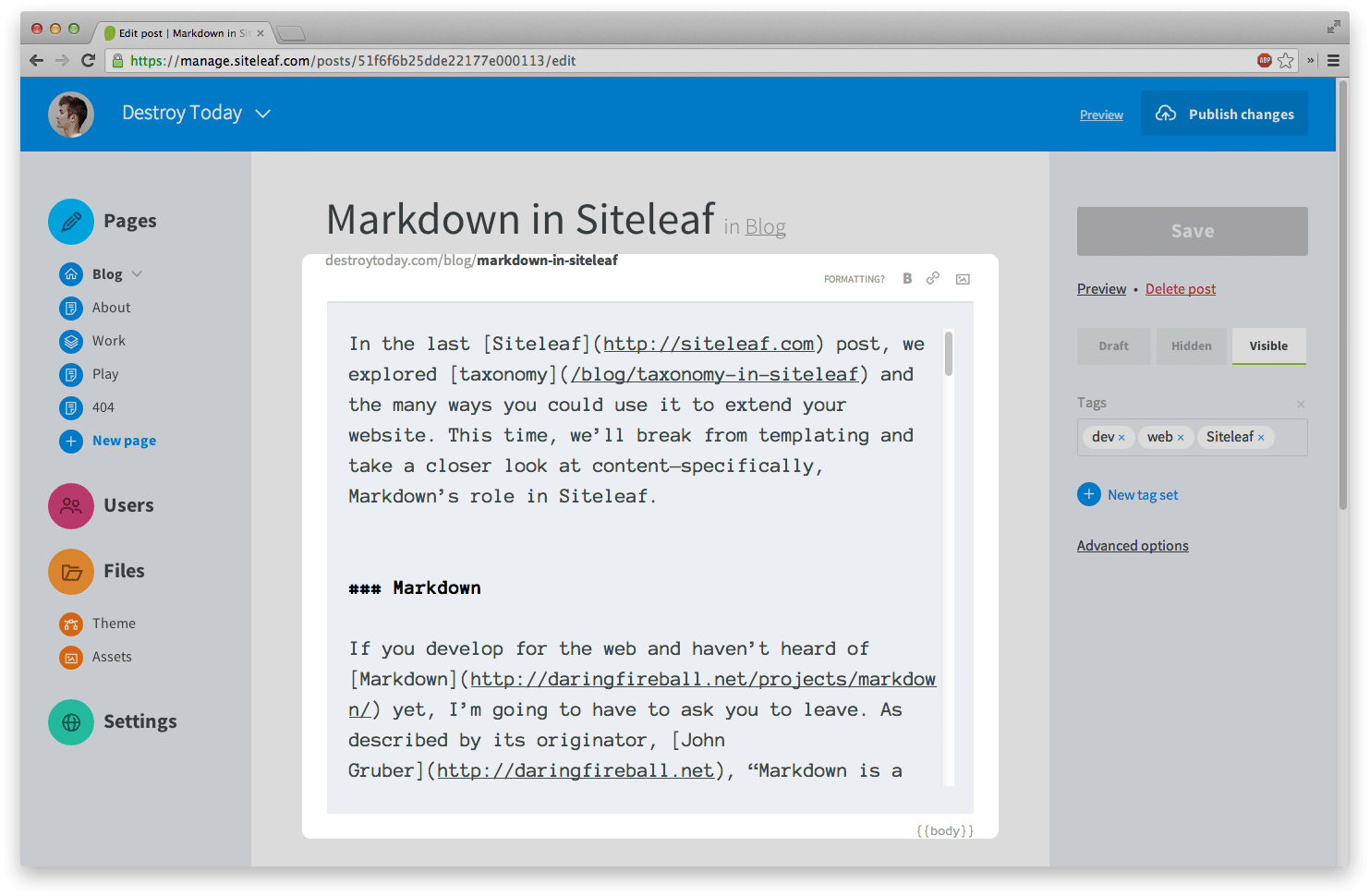 Tutorial: Markdown in Siteleaf